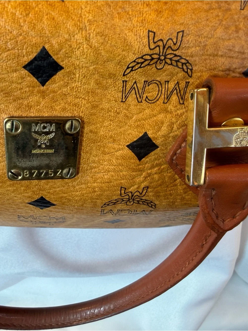 MCM Cognac Visetos Satchel with Tan Trim and Gold Hardware
